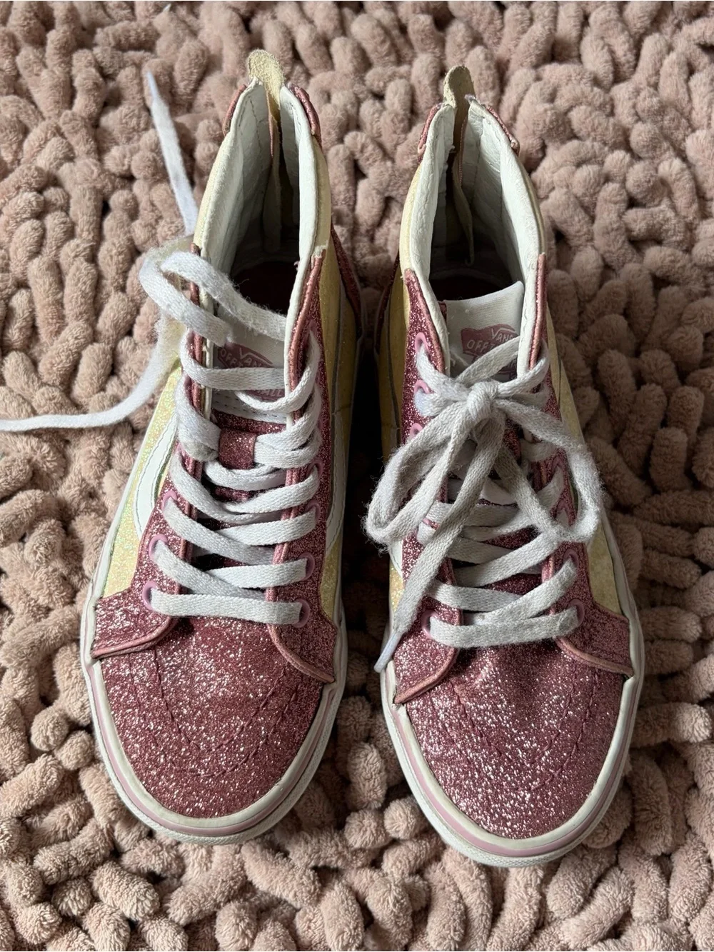 Vans Kids High-Top Glitter Sneakers in Pink and Pale Yellow